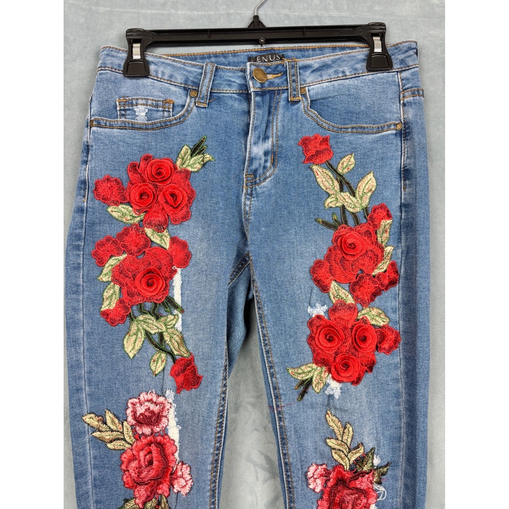 Venus Floral Embroidered Rose Skinny Jeans Medium Wash Raw Hem Size 4 - Picture 3 of 13